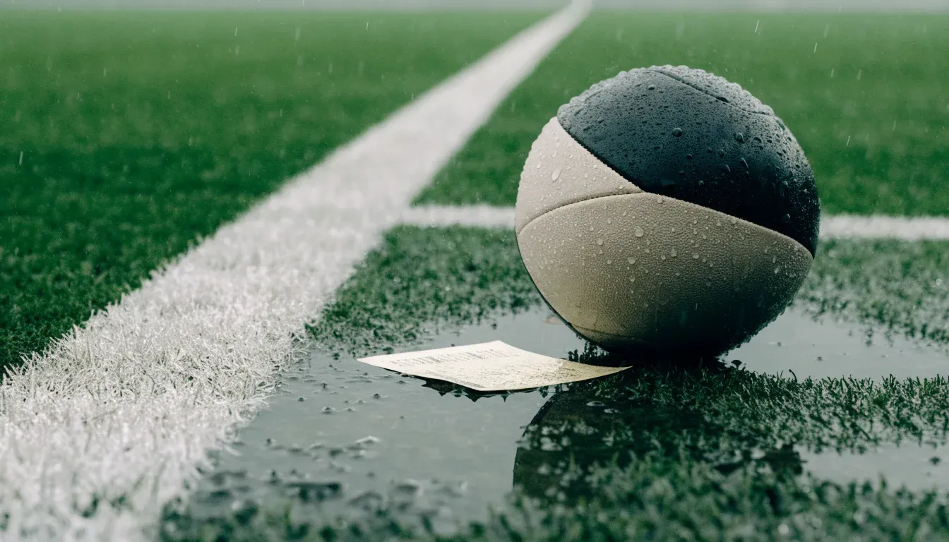 Ein Fussball liegt auf nassem Kunstrasen neben einer weissen Linie, Pfützen spiegeln den Himmel.