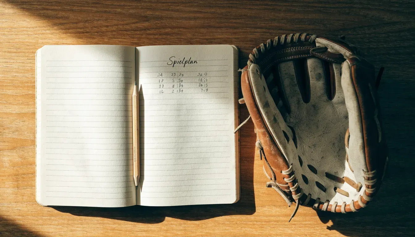 Ein aufgeschlagenes Notizbuch mit handgeschriebenen Notizen und ein Bleistift liegen auf einem Holztisch neben einem abgegriffenen Baseballhandschuh.