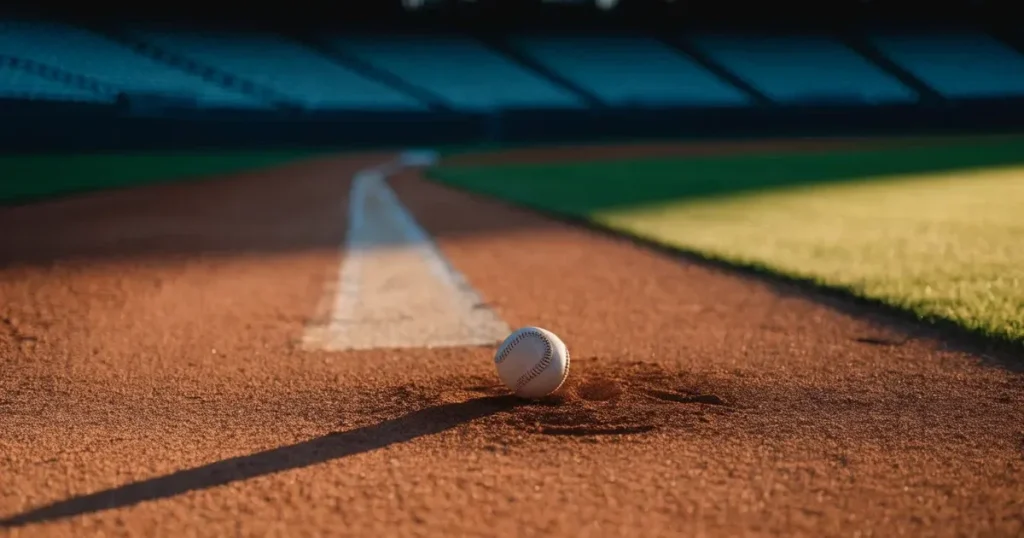 Ein weisser Baseball liegt auf rotbraunem Sand neben der Grundlinie eines leeren Stadions im warmen Abendlicht, die Ränge sind verlassen.