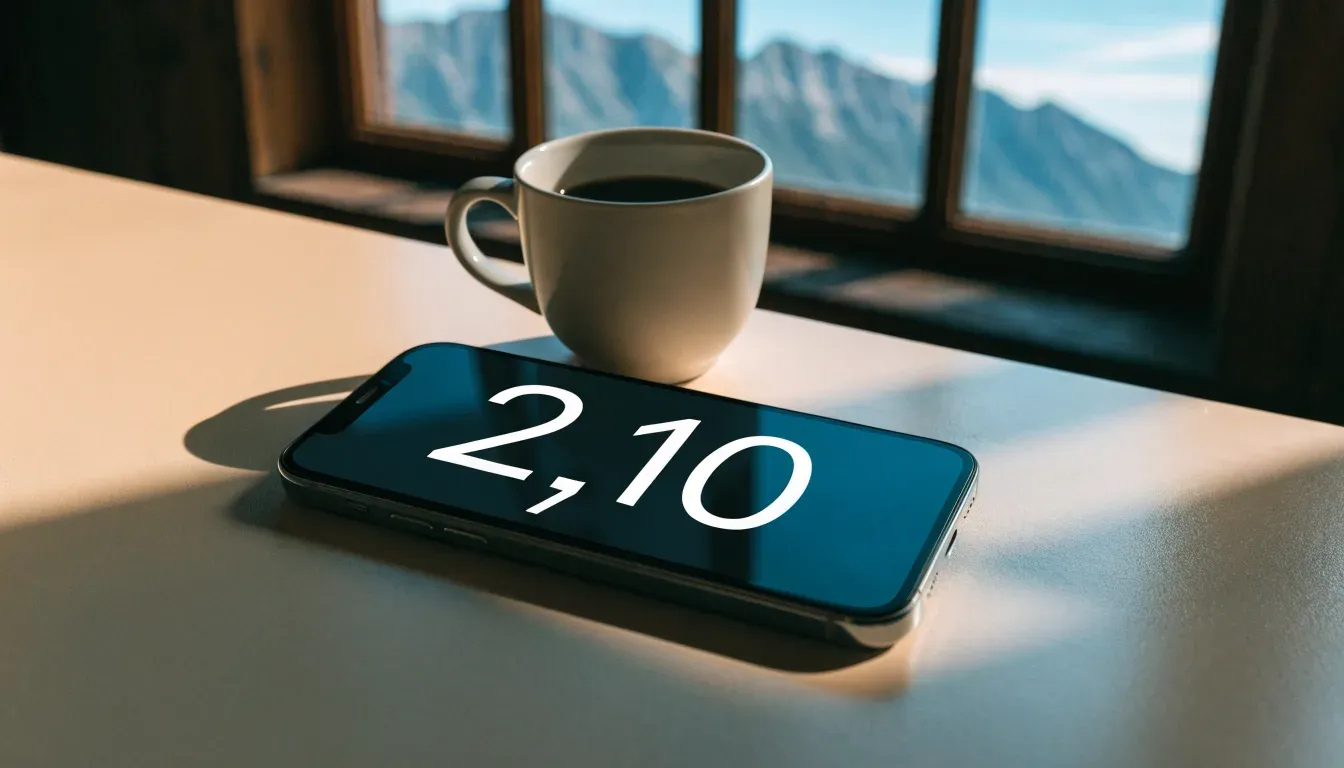 Ein Smartphone mit dunklem Bildschirm liegt auf einem hellen Schreibtisch neben einer Tasse, durch das Fenster dahinter sieht man eine Bergkette.