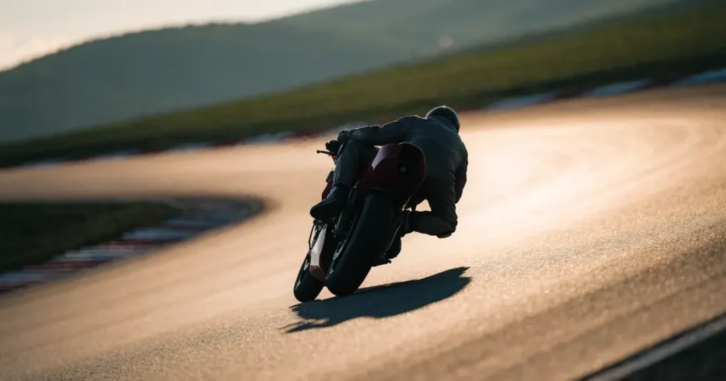 Eine leere Rennstrecke mit rot-weissen Randsteinen im Morgenlicht, im Hintergrund sanfte Hügel und ein einzelner Motorradhelm auf einer niedrigen Mauer.