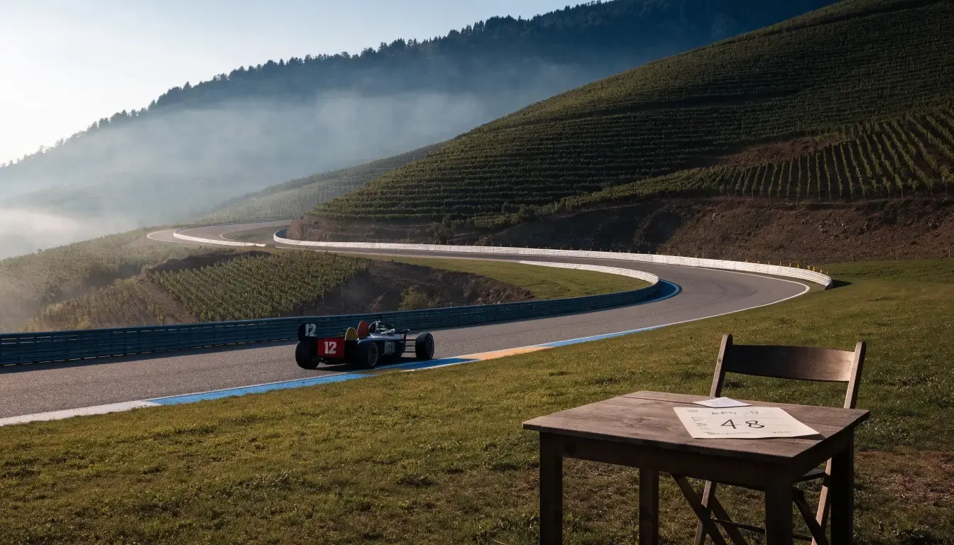 Eine Rennstrecke aus der Ferne zwischen Weinbergen und einer Bergkette, Dunst liegt am frühen Morgen über dem Asphalt.