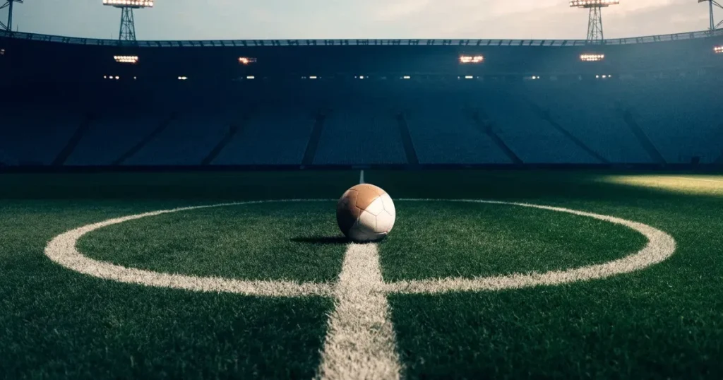 Ein Fussball liegt auf dem Mittelpunkt eines leeren Rasens, im Hintergrund steigen steile Tribünen in der Dämmerung auf.