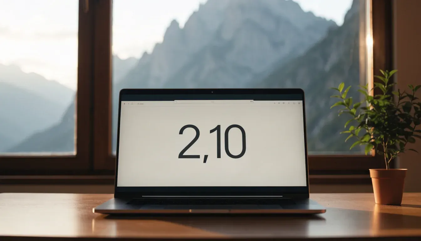 Ein Schreibtisch mit einem geschlossenen Laptop und einer Zimmerpflanze vor einem Fenster mit Blick auf eine Bergkette im Morgenlicht.