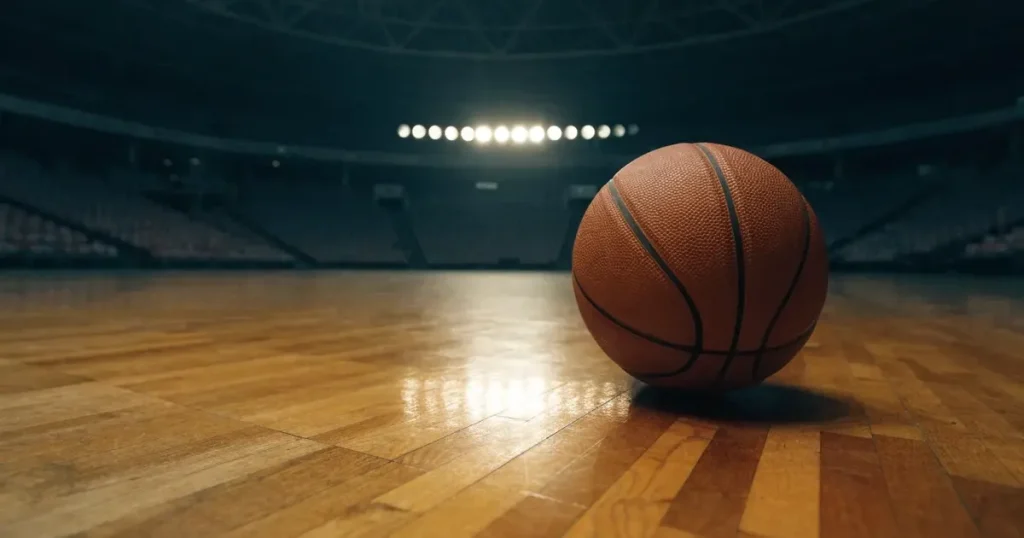 Ein orangefarbener Basketball liegt auf dem Parkett einer leeren Halle unter hellem Flutlicht, die Tribünen sind dunkel.