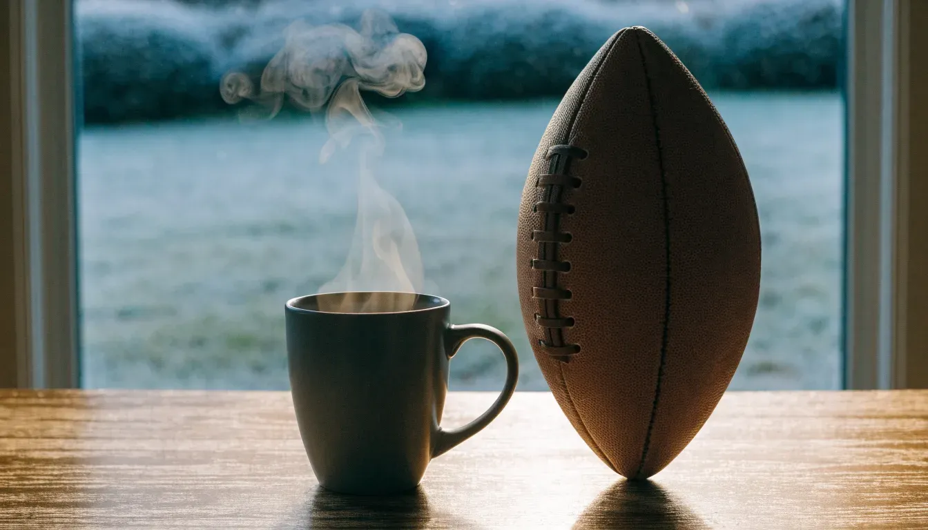 Ein Kaffeebecher und ein Football stehen auf einem Küchentisch am Morgen, durch das Fenster sieht man einen Garten mit Raureif.