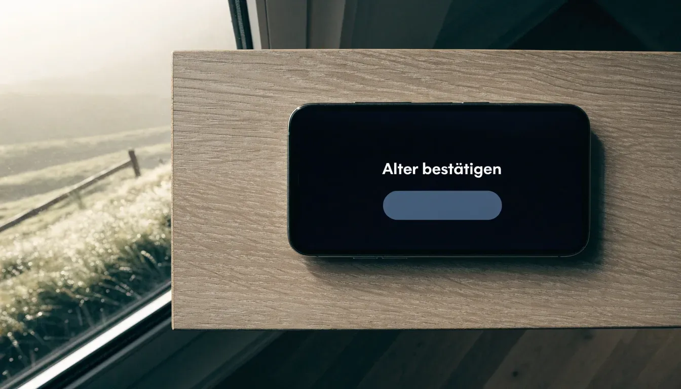 Ein Briefkasten an einem Holzzaun vor einem Bauernhaus in einer Hügellandschaft, auf den Wiesen liegt Frühnebel.