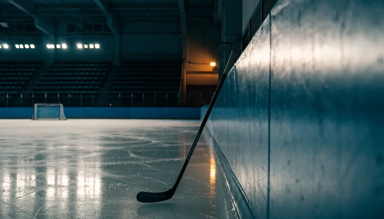 Ein Eishockeyschläger lehnt an der Bande, in der Ferne liegt die hell beleuchtete Eisfläche einer Halle unter Flutlicht.