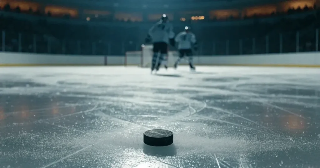 Ein Eishockeypuck liegt auf einer glatten Eisfläche, im Hintergrund erheben sich die dunklen Ränge einer leeren Halle.
