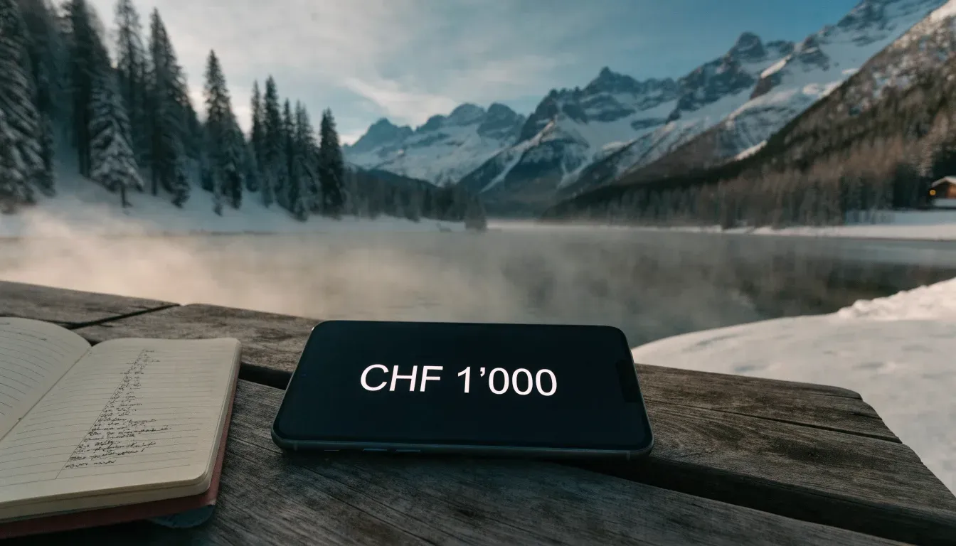 Ein zugefrorener Bergsee im Morgendunst, am Ufer steht eine einsame Holzbank zwischen verschneiten Tannen.