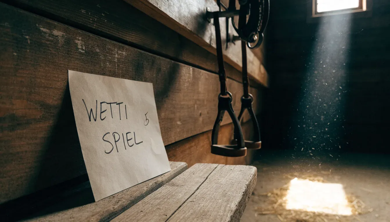 Lederne Steigbügel und ein Zügel hängen an einer Holzwand in einem ruhigen Stall, Heu liegt im Licht eines kleinen Fensters.