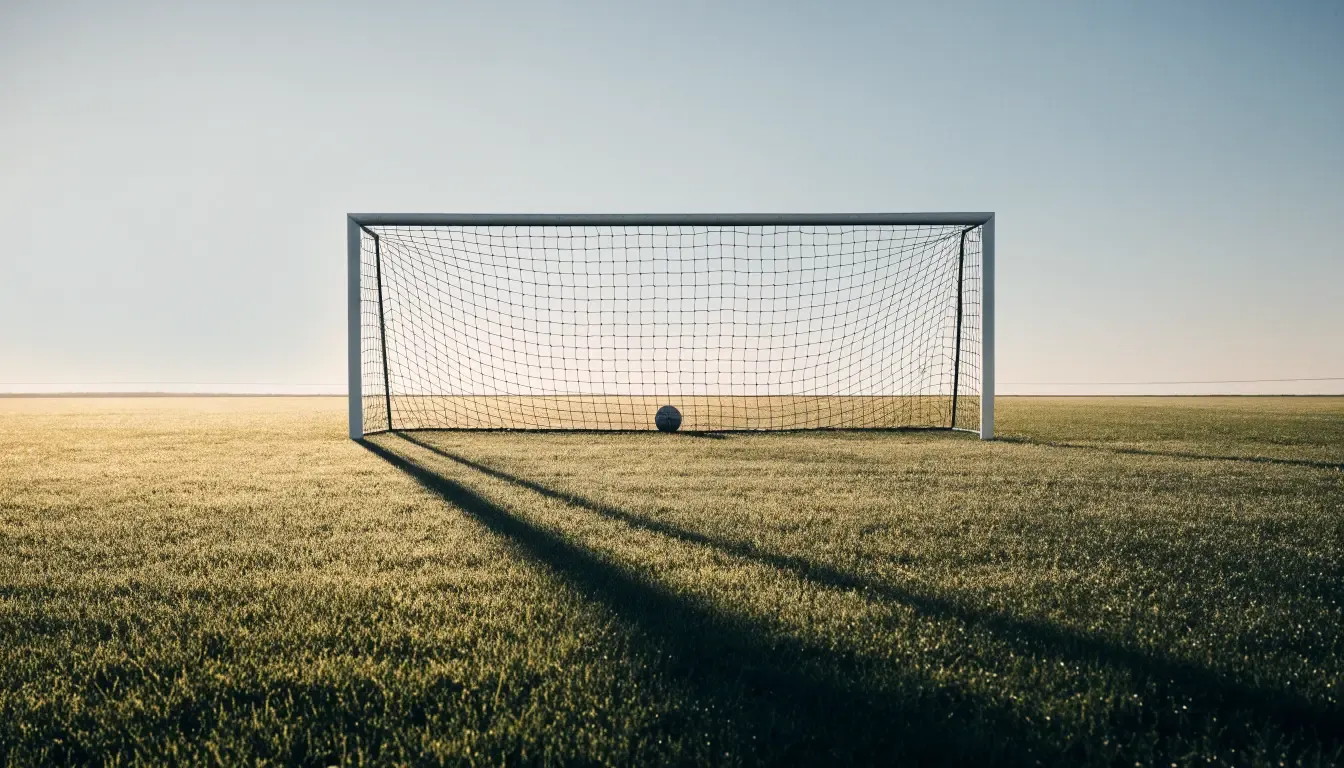 Ein Fussballtor mit Netz in der Totalen auf einem leeren Platz, Tau glänzt im Gras und die Morgensonne steht tief.