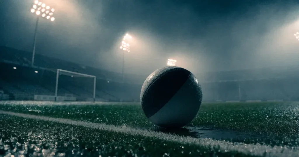 Ein Fussball liegt auf der Strafraumlinie eines nassen Rasens, dahinter stehen Flutlichtmasten im aufsteigenden Nebel.