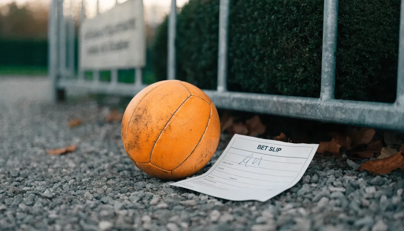 Ein abgenutzter Fussball liegt auf einem Kiesweg neben dem Eingang eines Vereinsplatzes, Laub liegt auf dem Boden.