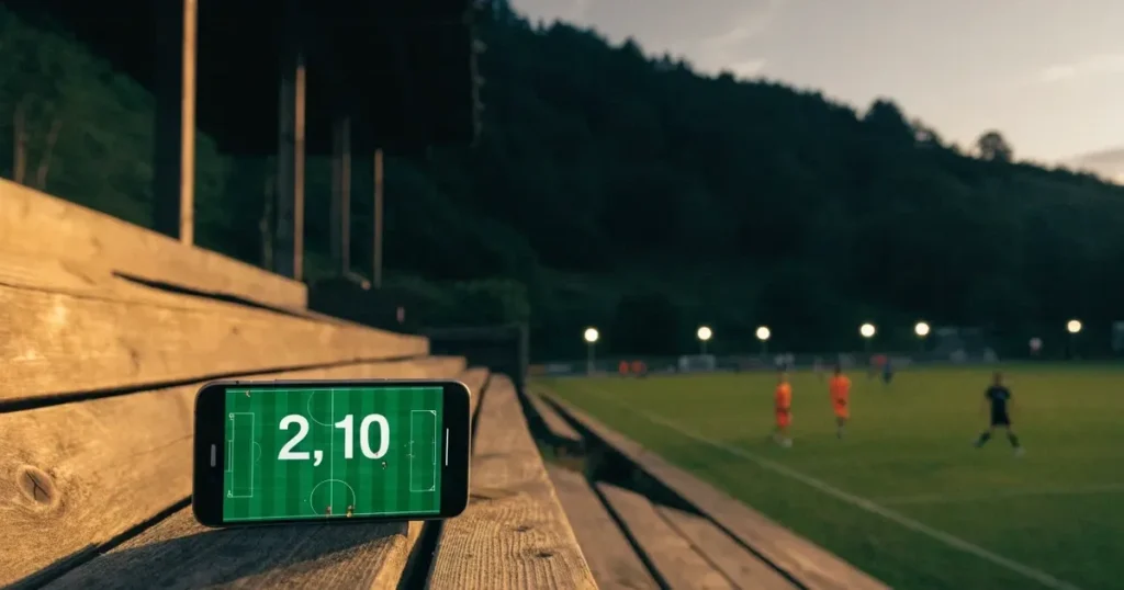 Ein kleiner Fussballplatz mit einfacher Holztribüne und Rasenstreifen am Rand einer Ortschaft, im Hintergrund ein bewaldeter Hügel im Abendlicht.