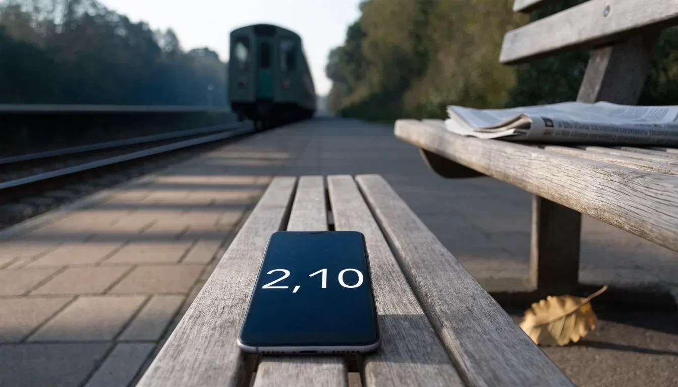 Ein Bahnsteig mit leeren Bänken an einem Regionalbahnhof am Morgen, ein Zug fährt in der Ferne ein.