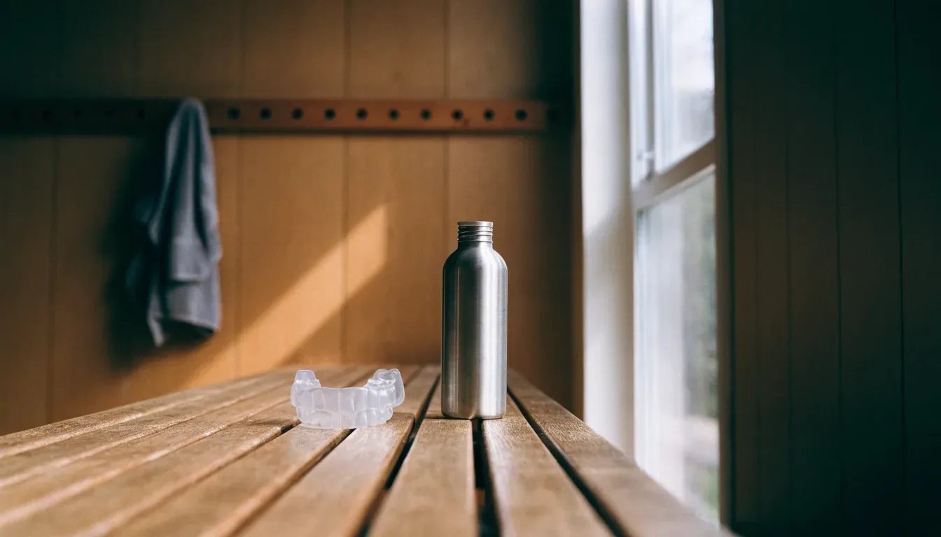 Ein Mundschutz liegt auf einer Holzbank neben einer Trinkflasche in einer schlichten Kabine, durch das Fenster fällt Morgenlicht.
