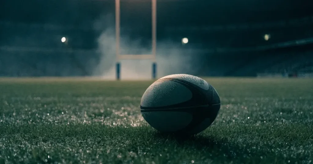 Ein ovaler Rugbyball liegt auf feuchtem Rasen vor zwei hohen Torstangen, hinter dem Spielfeld steigen Nebelschwaden auf.