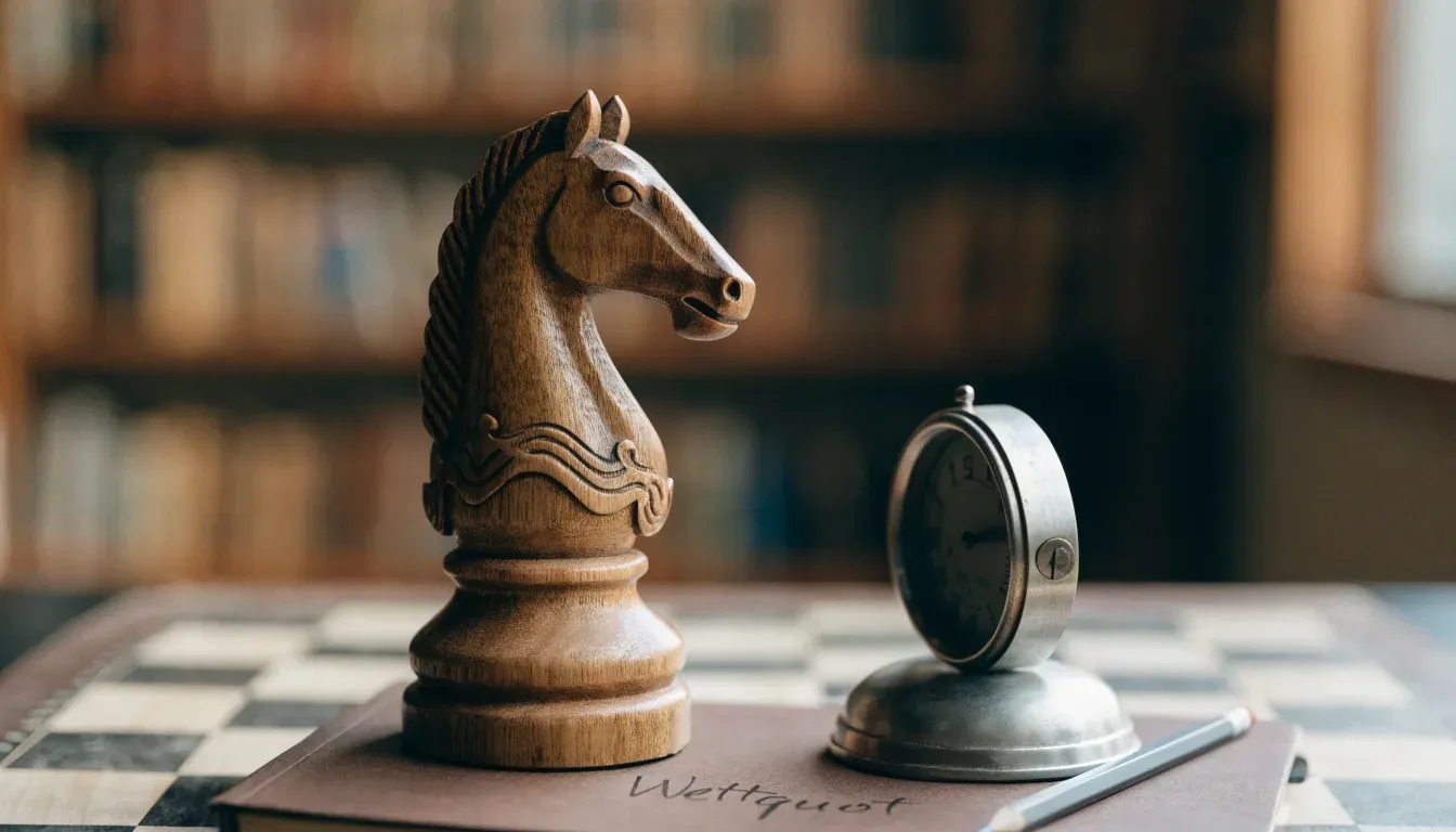 Ein Springer aus Holz steht allein auf einem Brett neben einer Schachuhr aus Metall, im Hintergrund unscharfe Bücherregale.