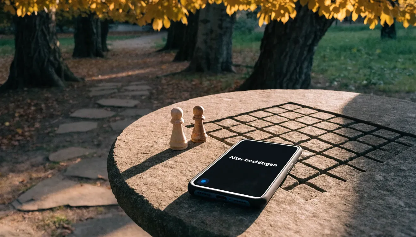 Ein Parkbank-Tisch mit eingelassenem Spielfeld unter alten Kastanien, auf den Wegen liegt Laub und die Sonne steht tief.