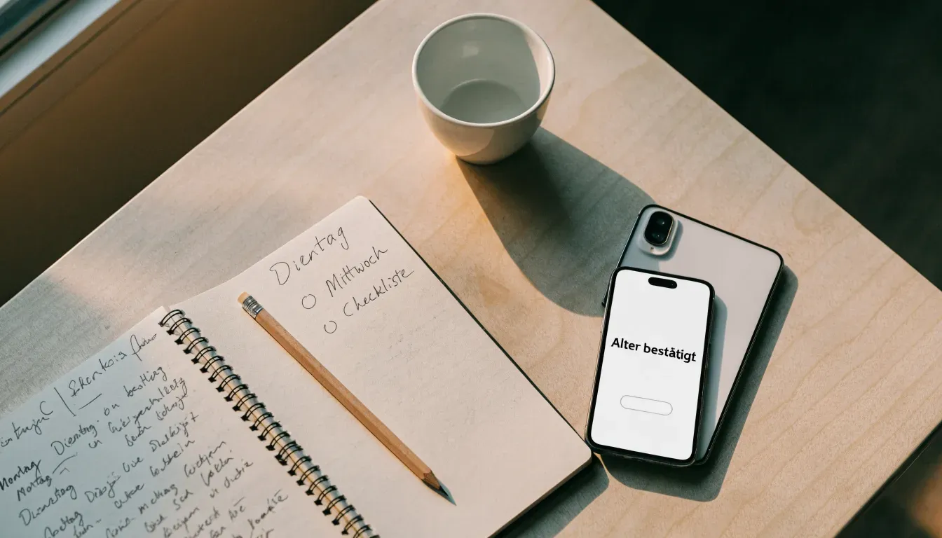 Ein aufgeschlagenes Notizbuch mit handschriftlichen Skizzen neben einem Bleistift und einer Kaffeetasse auf einem Holztisch.