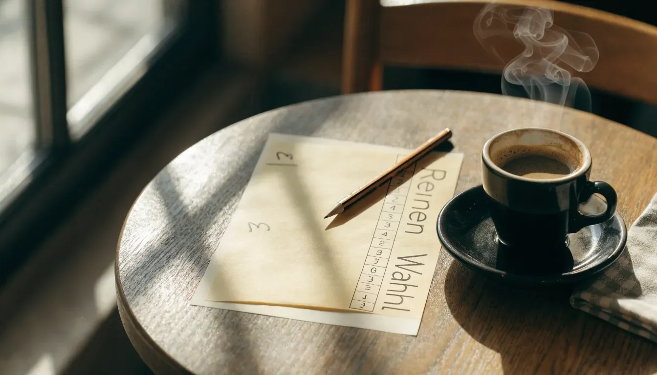 Eine Espressotasse und ein Bleistift liegen auf einem Caféhaustisch neben einer gefalteten Stoffserviette im Licht der Morgensonne.