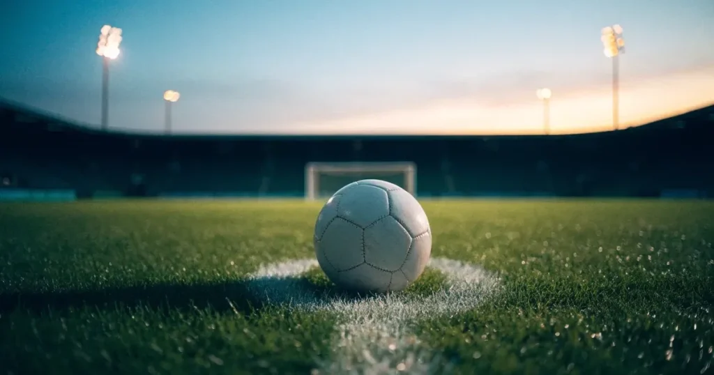 Ein Fussball liegt auf dem Anstosspunkt eines leeren Rasenplatzes in der Abenddämmerung, dahinter leuchten Flutlichtmasten über einer Tribüne.