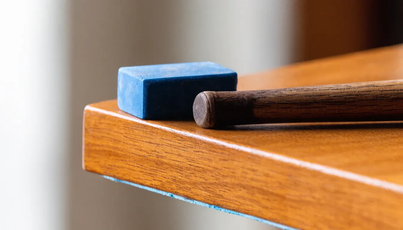 Ein blauer Kreidewürfel und eine Queuespitze liegen am Rand eines Holztischs im weichen Seitenlicht.