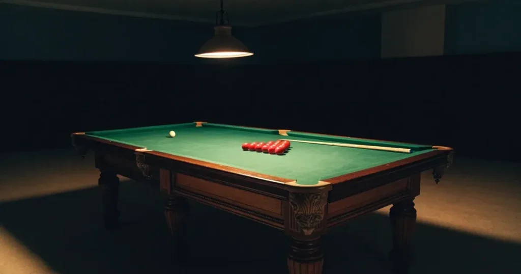 Ein Snookertisch mit grünem Tuch und einem Dreieck aus roten Kugeln unter einer tief hängenden Lampe in einer leeren Halle.