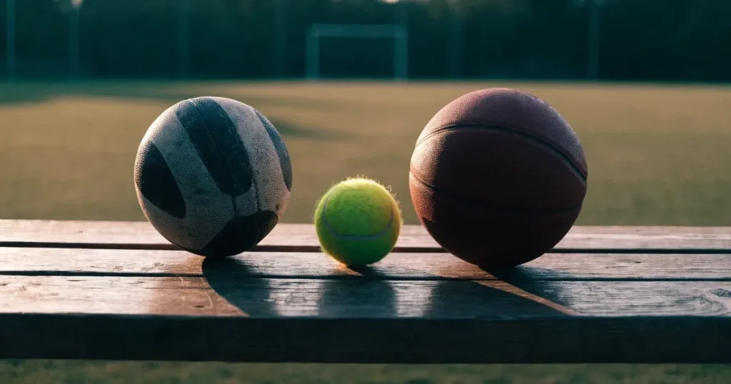 Drei Sportbälle, ein Fussball, ein Tennisball und ein Basketball, liegen nebeneinander auf einer Holzbank.