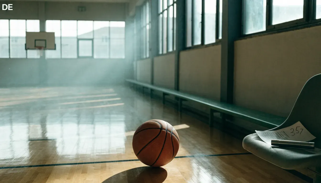 Ein Basketballkorb hängt in einer leeren Turnhalle, durch hohe Fenster fällt Licht auf das Holzparkett.