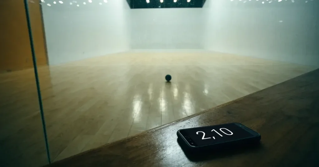Ein leerer Squashcourt mit weissen Wänden und hellem Holzboden, ein Ball liegt in der Mitte, Deckenlicht spiegelt sich im Parkett.