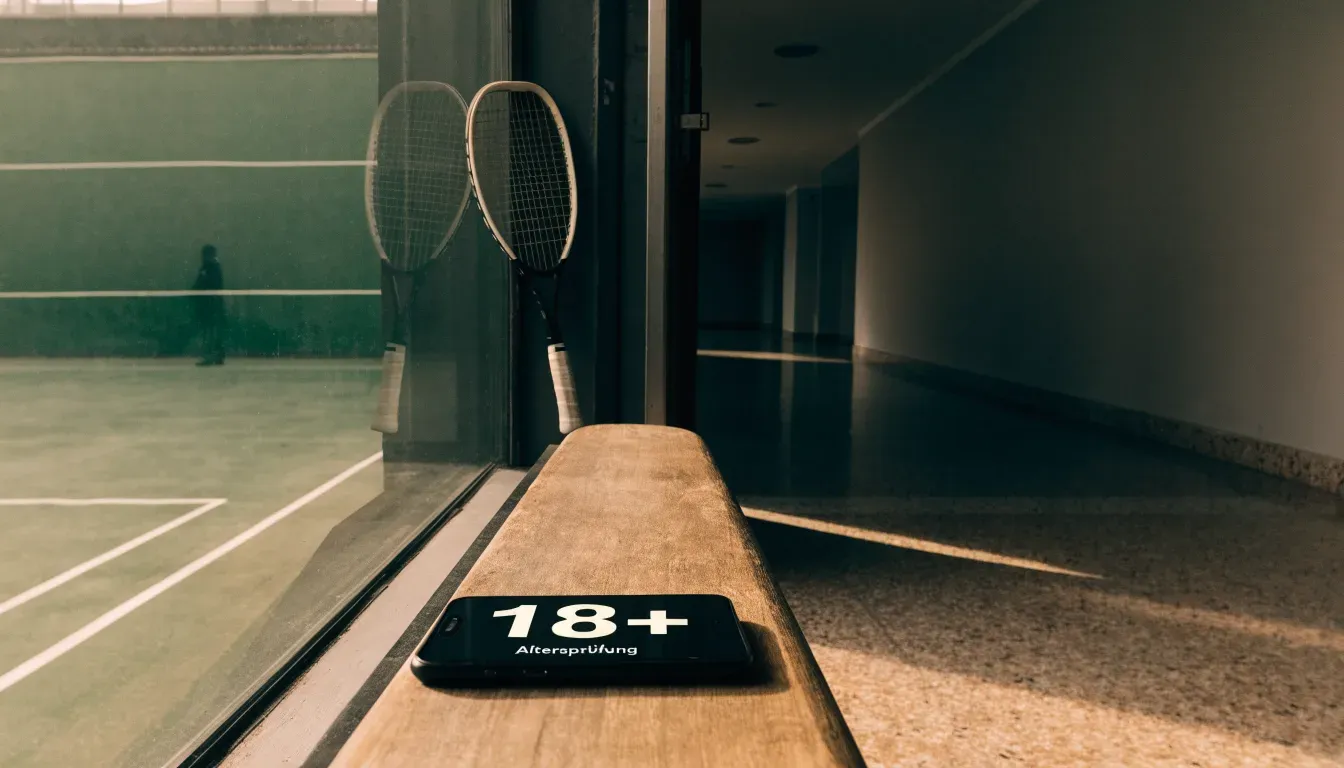 Ein Squashschläger lehnt an der Glaswand eines leeren Courts, draussen fällt Tageslicht in den Gang.