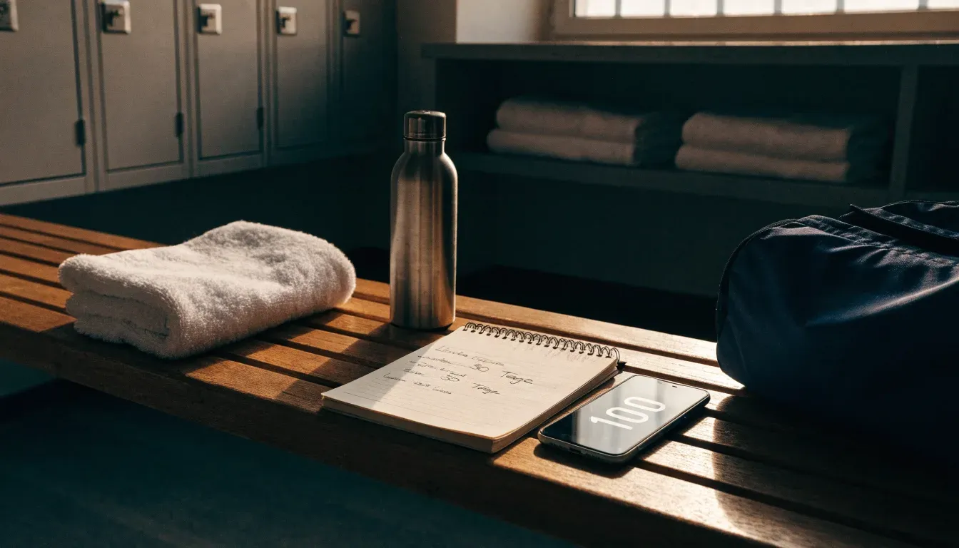 Ein Frottiertuch und eine Trinkflasche liegen auf einer Bank neben einer Sporttasche in einer ruhigen Garderobe.