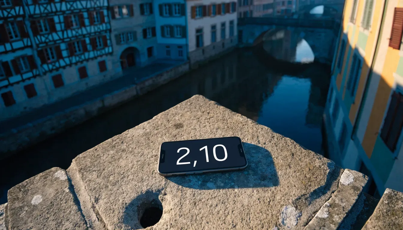 Ein steinerner Brückenbogen über einem Fluss in einer Schweizer Altstadt im ersten Morgenlicht.