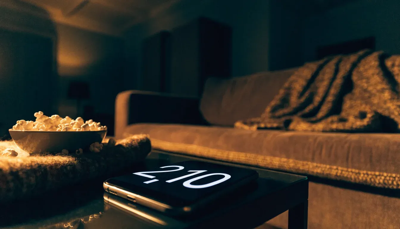 Ein Sofa mit Wolldecke und eine Schale Popcorn auf dem Couchtisch in einem Wohnzimmer bei Lampenlicht am späten Abend.