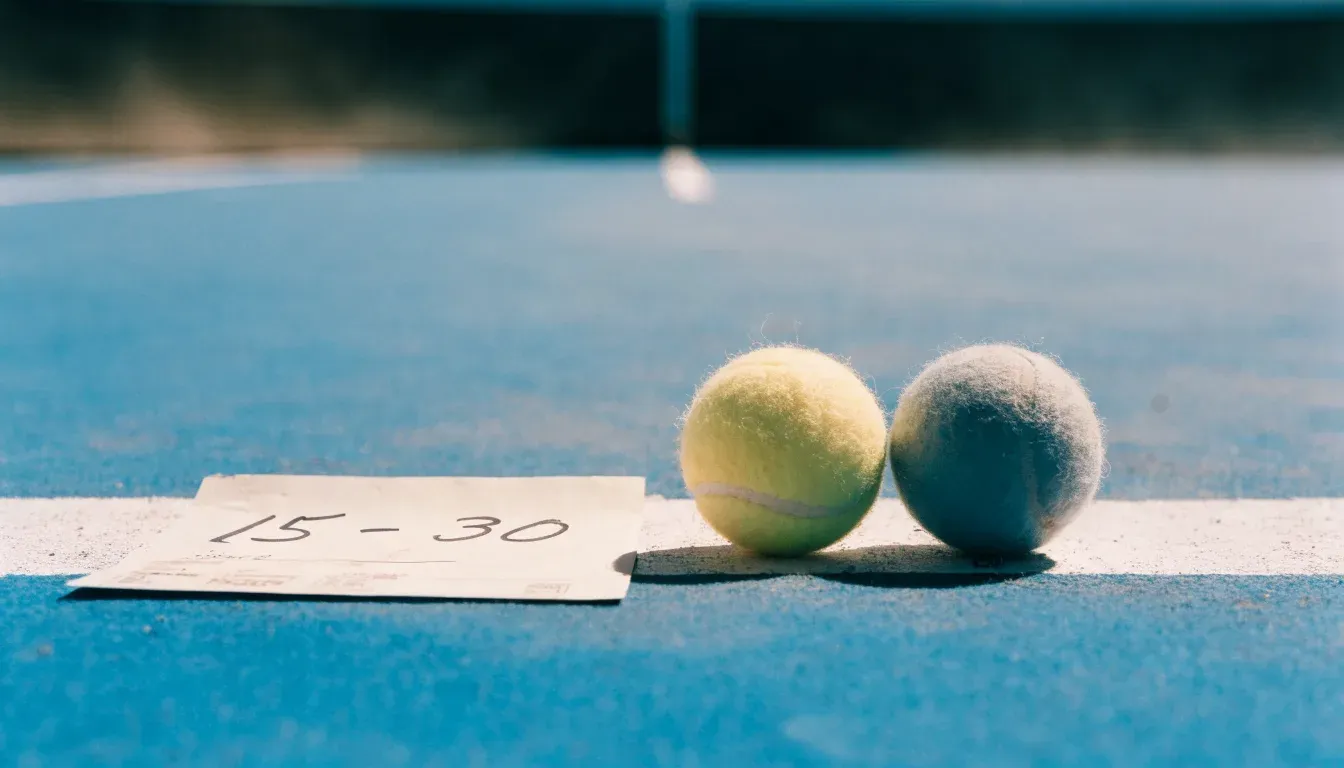Zwei Tennisbälle liegen auf der weissen Grundlinie eines Hartplatzes im grellen Sonnenlicht.