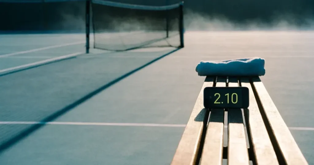 Ein leerer Tennisplatz im Morgengrauen, der Netzschatten fällt lang über den Platz, über der Grundlinie liegt leichter Nebel.