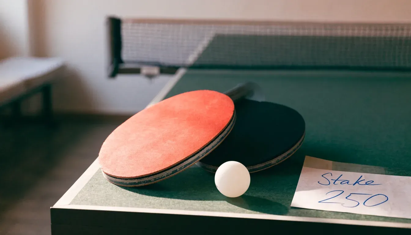 Zwei Tischtennisschläger liegen gekreuzt am Rand einer Platte, daneben ein kleiner weisser Ball.