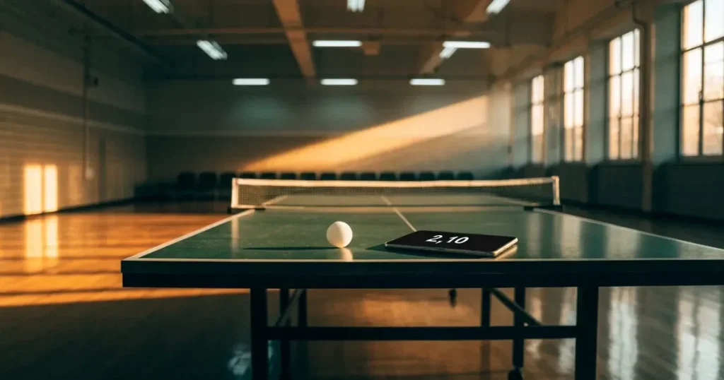 Eine Tischtennisplatte mit Netz in einer leeren Sporthalle, ein heller Ball liegt auf einer Seite, Deckenlicht spiegelt sich im Hallenboden.