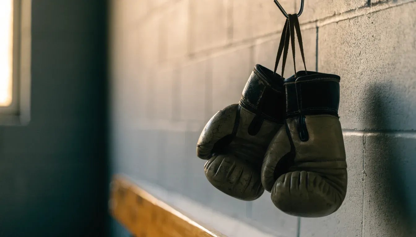 Ein Paar abgegriffener Kampfsporthandschuhe hängt an einem Haken in einem Trainingsraum.