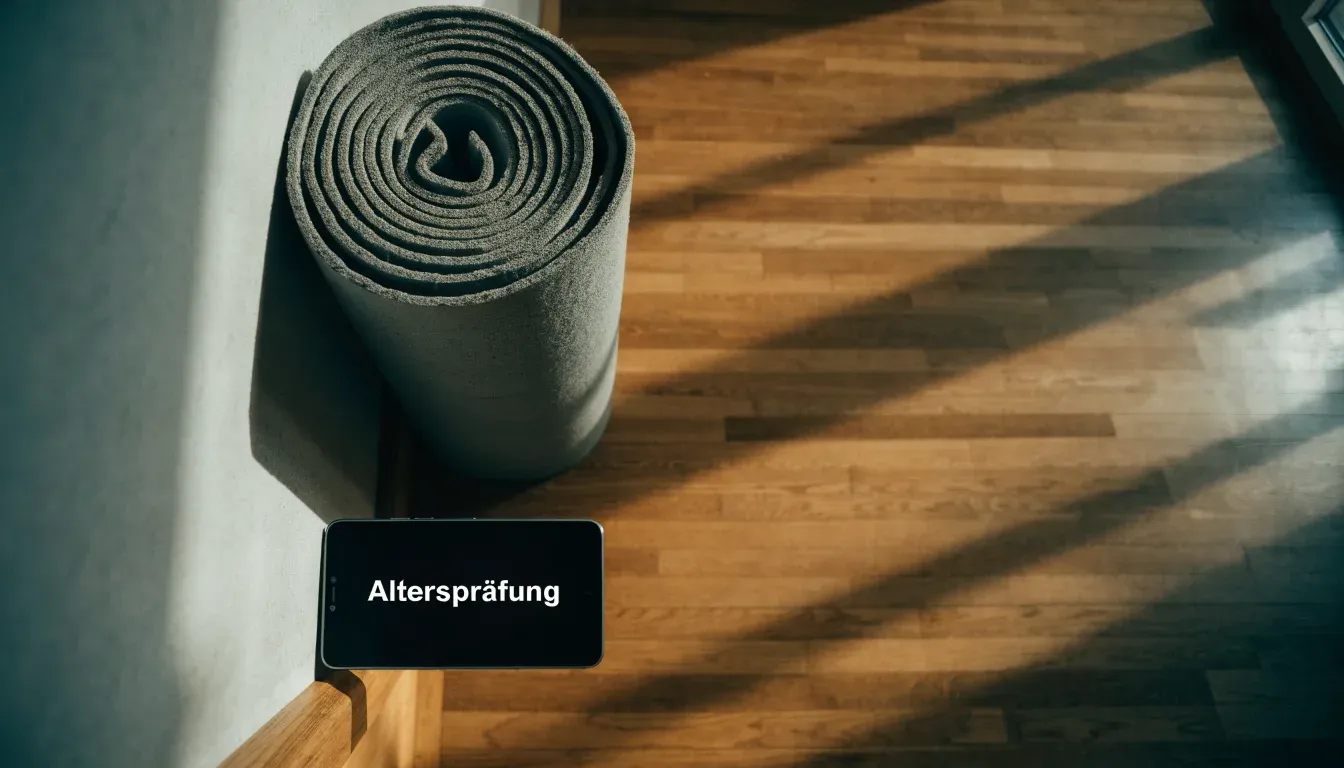 Eine zusammengerollte Trainingsmatte in der Ecke eines leeren Fitnessraums, durch hohe Fenster fällt Morgenlicht.