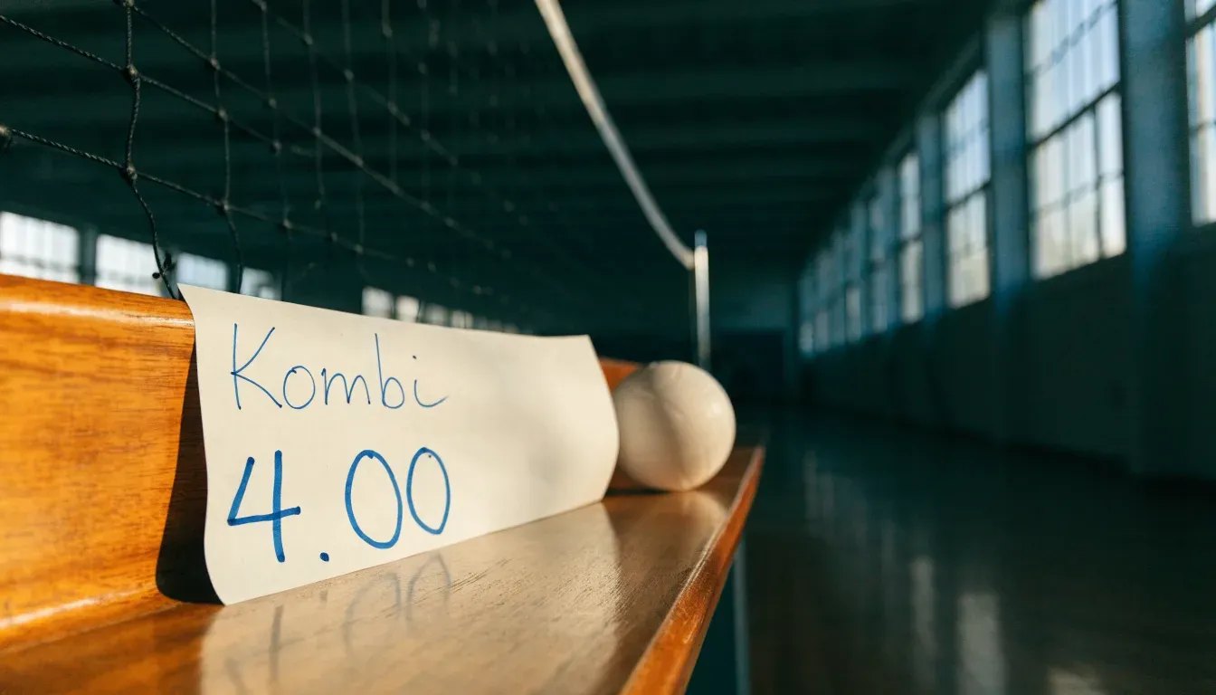 Eine Sporthalle mit gespanntem Volleyballnetz über poliertem Holzboden, hohe Fenster lassen Tageslicht herein.