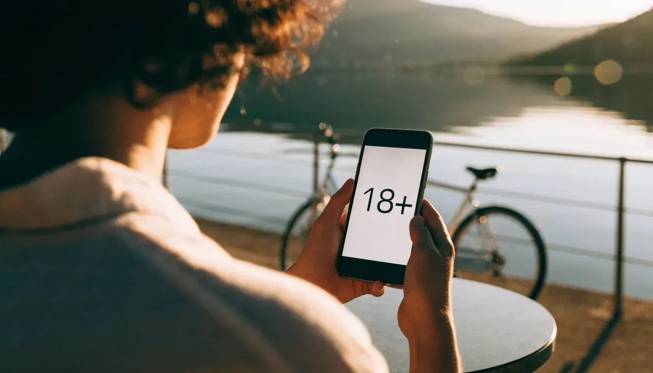 Ein Fahrrad lehnt an einem Geländer einer Uferpromenade an einem See im Sonnenlicht.