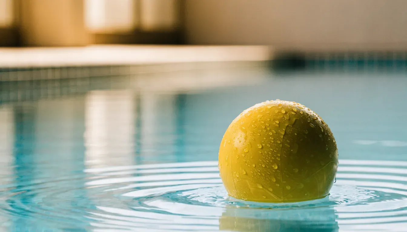 Ein gelber Ball treibt auf ruhigem türkisfarbenem Beckenwasser, feine Wellen im weichen Licht.