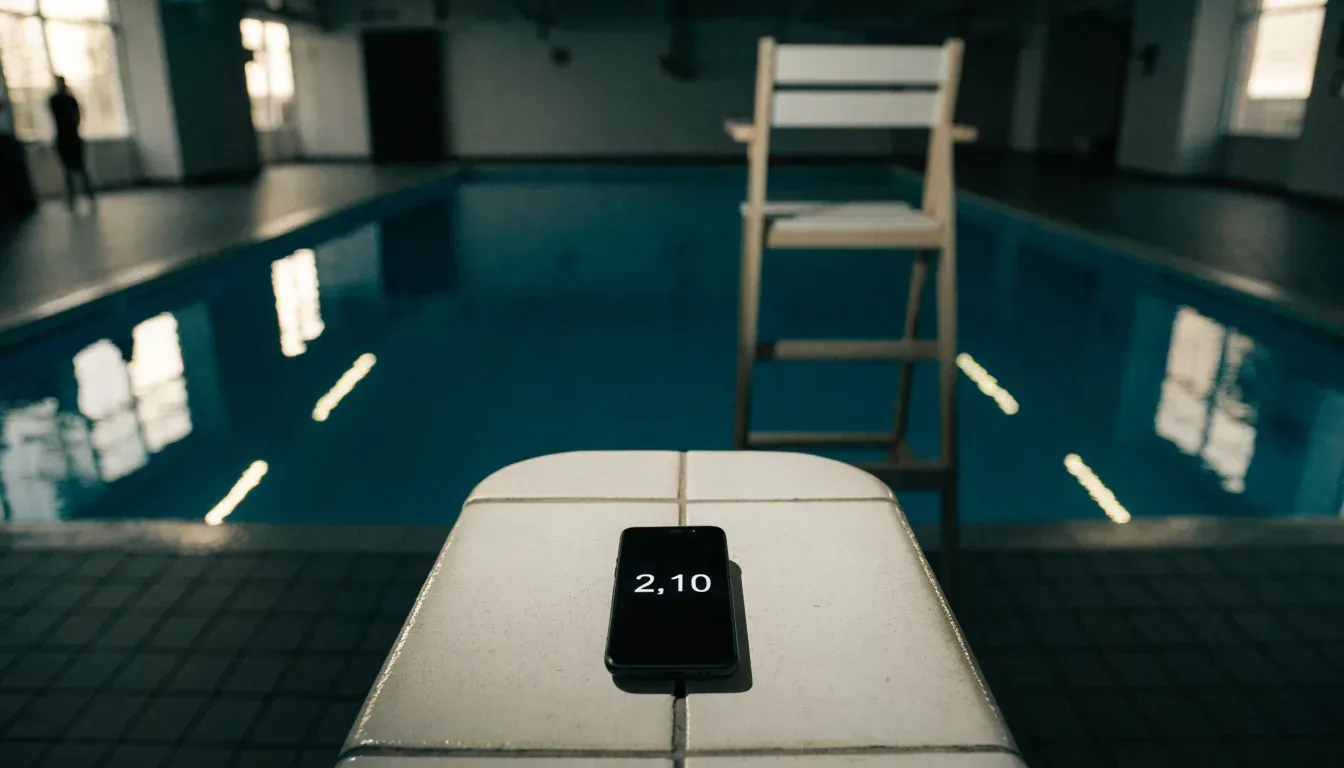 Ein Bademeisterstuhl neben einem Hallenbad zur Schliesszeit, gedimmtes Licht, glatte Wasseroberfläche.