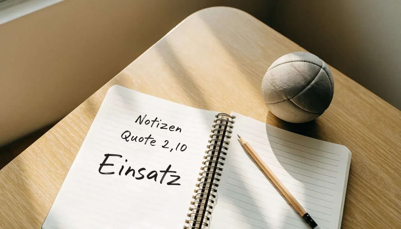 Ein aufgeschlagenes Notizbuch mit Bleistiftskizzen und ein kleiner Fussball liegen auf einem Holztisch im Tageslicht.