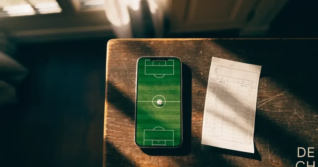 Ein Tischfussballtisch steht in einem leeren Raum, auf dem grünen Spielfeld liegt eine einzelne Kugel im Licht eines Fensters.