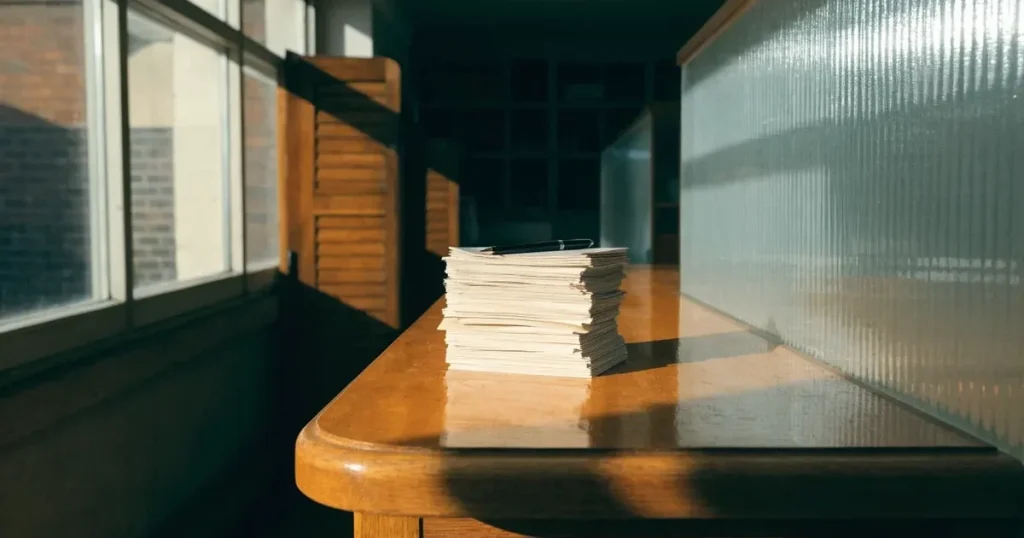 Ein leerer Ladentisch aus Holz mit einem Stapel unbeschriebener Papierzettel und einem Kugelschreiber, durch das Schaufenster fällt Tageslicht.