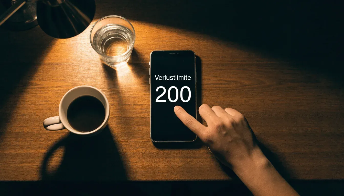 Ein Smartphone mit dunklem Display liegt neben einer Kaffeetasse und einem Glas Wasser auf einem Holztisch im Licht einer Lampe.
